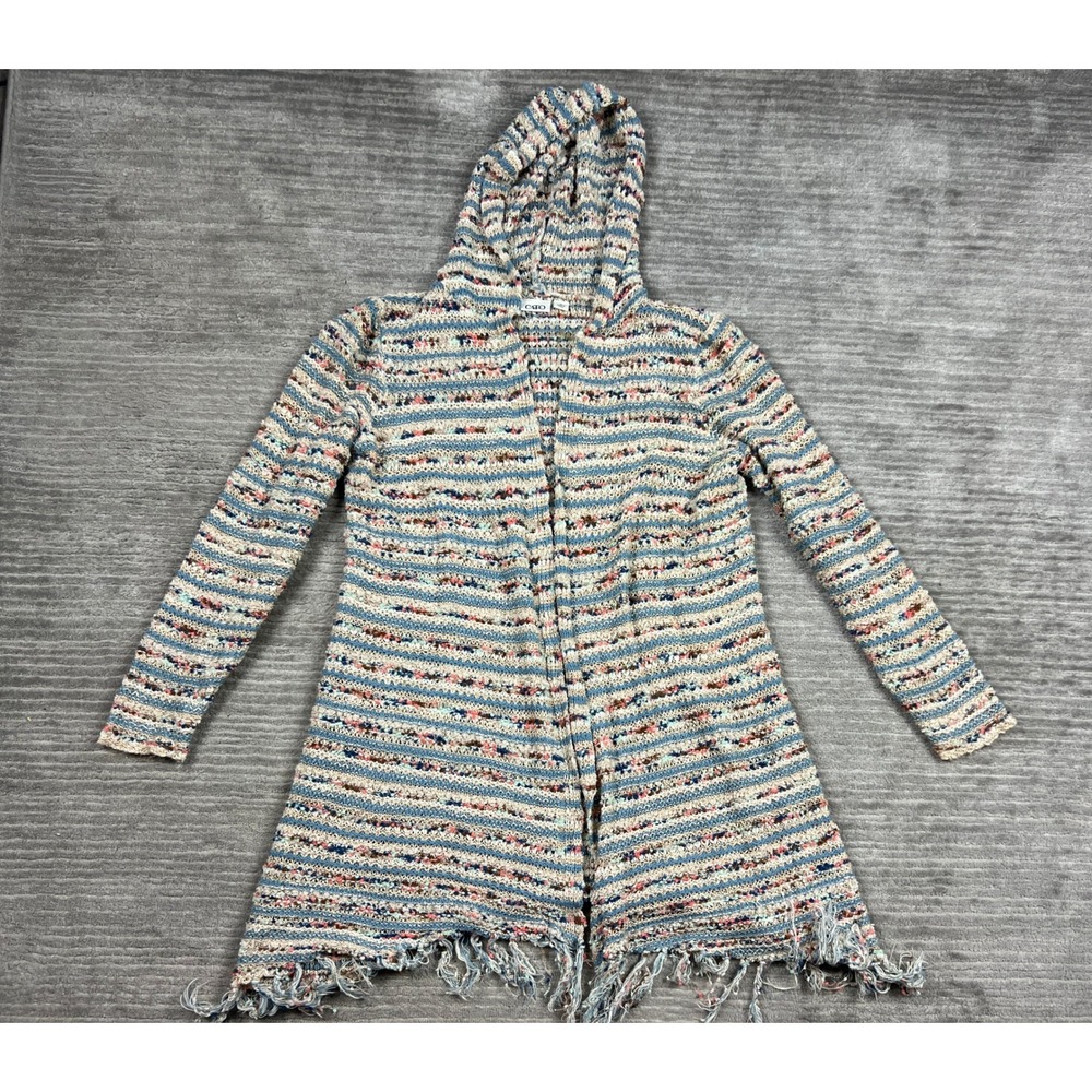 Cato Cardigan Womens L Multicolor Striped Hooded Open Front Fringe Boho Knit